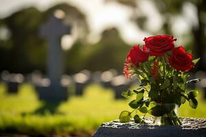 rojo rosas en un tumba a un cementerio durante el puesta de sol con Copiar espacio ai generado foto