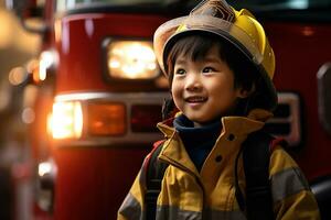 retrato de linda pequeño chico vistiendo bombero uniforme en el fuego Departamento ai generado foto