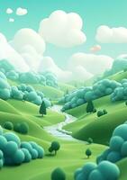 dibujos animados estilo paisaje con césped y nubes ai generado foto