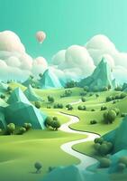 Cartoon style landscape with grass and clouds AI Generated photo