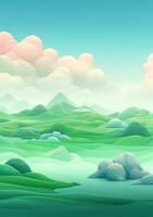 dibujos animados estilo paisaje con césped y nubes ai generado foto