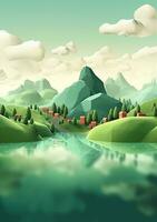 Cartoon style landscape with grass and clouds AI Generated photo