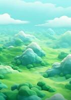 dibujos animados estilo paisaje con césped y nubes ai generado foto