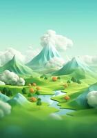 dibujos animados estilo paisaje con césped y nubes ai generado foto