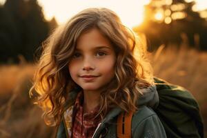 retrato de linda pequeño niña a cámara mientras en pie cerca cámping tienda a puesta de sol ai generado foto