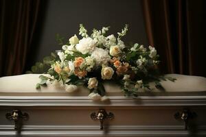 White coffin with flowers. The concept of funeral. AI generated photo