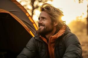 Portrait of man looking at camera while near camping tent at sunset AI generated photo