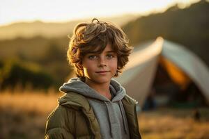 Portrait of a cute boy looking at camera while near his tent in nature AI generated photo