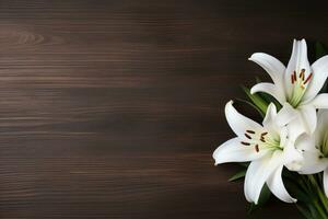 White lily flowers on wooden background. Top view with copy space.Funeral Concept AI generated photo