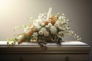 White coffin with flowers. The concept of funeral. AI generated photo