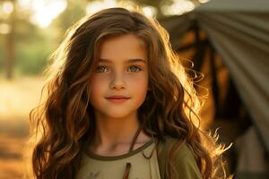 Portrait of cute little girl at camera while standing near camping tent at sunset AI generated photo