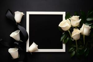 White roses with ribbon and photo frame on black background.Funeral Concept AI generated