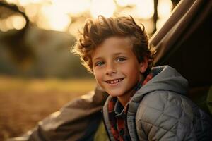 Portrait of a cute boy looking at camera while near his tent in nature AI generated photo