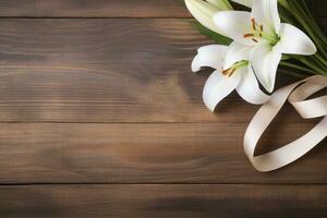 White lily flowers on wooden background. Top view with copy space.Funeral Concept AI generated photo