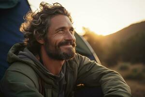 Portrait of man looking at camera while near camping tent at sunset AI generated photo