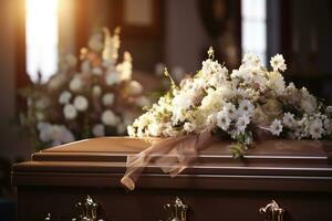 Beautiful flowers in a coffin at a funeral AI generated photo