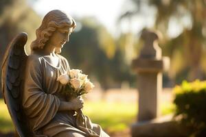 Angel statue with white roses in the cemetery.Religious background AI generated photo