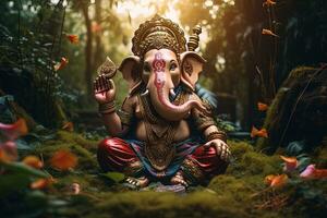 Hindu God Ganesha with flowers AI generated photo