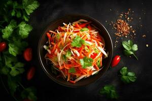 Thai food Som tum, Spicy green papaya salad.Top view AI generated photo