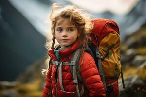 pequeño niña con mochila excursionismo en montaña pico a atardecer, viaje y aventuras concepto ai generado foto