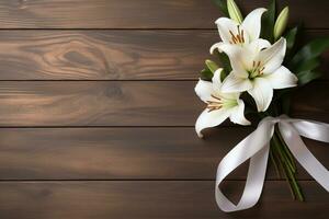 White lily flowers on wooden background. Top view with copy space.Funeral Concept AI generated photo