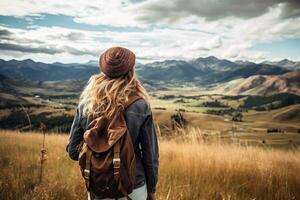 Young woman with backpack hiking in the mountains. Travel and adventure concept. AI generated photo