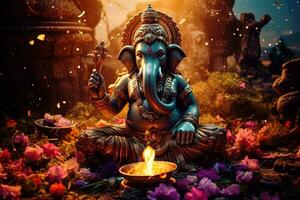 Hindu God Ganesha with flowers AI generated photo