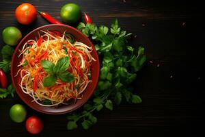 Thai food Som tum, Spicy green papaya salad.Top view AI generated photo