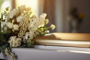 White coffin with flowers. The concept of funeral. AI generated photo