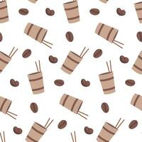 Seamless pattern with coffee in paper cup take away and coffee bean. coffee shop wrapping paper vector