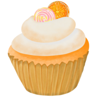 a cupcake with orange slices and a lollipop png