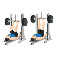 Man doing smith machine leg press exercise or reverse squat. Lying leg press exercise. vector