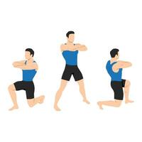 Man doing 90 degree turning lunge or rotation lunges exercise. vector