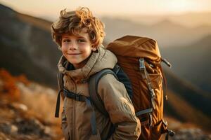 adorable pequeño chico con mochila excursionismo en montañas a puesta de sol. viaje y activo estilo de vida concepto ai generado foto