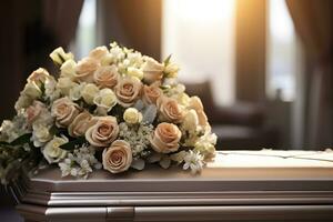 White coffin with flowers. The concept of funeral. AI generated photo