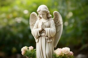 Angel statue with white roses in the cemetery.Religious background AI generated photo