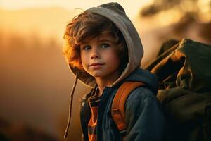 retrato de un linda chico mirando a cámara mientras cerca su tienda en naturaleza ai generado foto