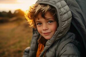 retrato de un linda chico mirando a cámara mientras cerca su tienda en naturaleza ai generado foto