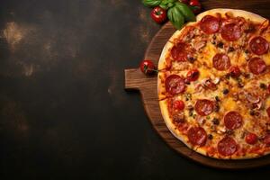 Pepperoni pizza on a Dark background. Top view with copy space. AI generated photo