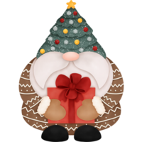 Watercolor Christmas Gnome wearing Christmas Tree Hat and Hand holding Gift Box. png