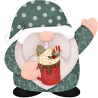 Watercolor Christmas Gnome hand holding a glass of Christmas drink. Wearing a green dress with a gingerbread pattern. Merry Christmas and Happy New Year Concept. png