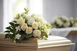 White coffin with flowers. The concept of funeral. AI generated photo