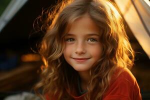 retrato de linda pequeño niña a cámara mientras en pie cerca cámping tienda a puesta de sol ai generado foto