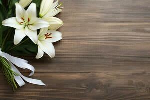 White lily flowers on wooden background. Top view with copy space.Funeral Concept AI generated photo