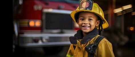 Portrait of happy asian boy wearing firefighter uniform with fire truck in background AI generated photo