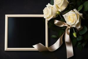 White roses with ribbon and photo frame on black background.Funeral Concept AI generated