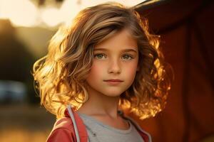 Portrait of cute little girl at camera while standing near camping tent at sunset AI generated photo