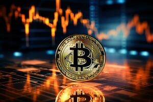 Golden Bitcoin on the background of the stock market chart. Cryptocurrency concept. AI generated photo