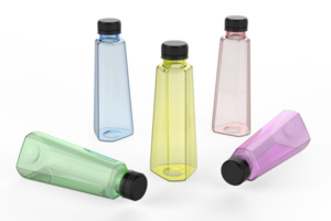 3D renderings of triangular beverage bottles in various colors png