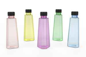 3D renderings of triangular beverage bottles in various colors png